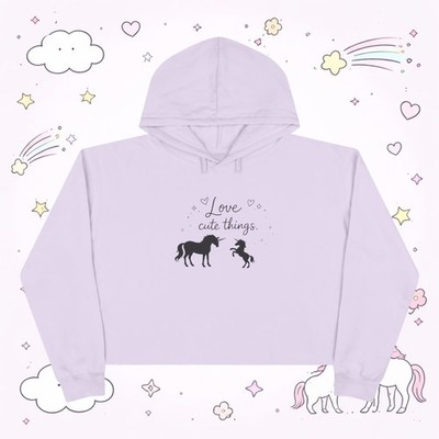 Love Cute Things Unicorn Crop Hoodie, Women s Cute Aesthetic Pink Cropped Jumper