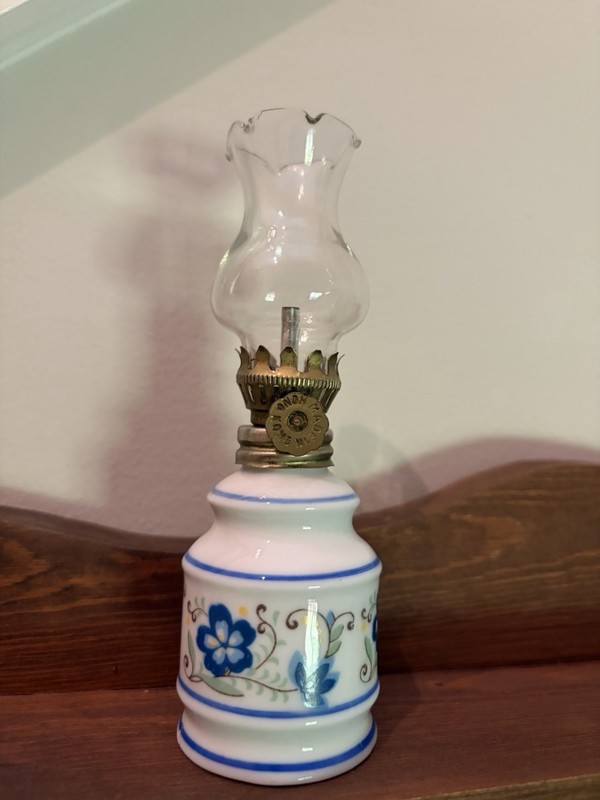 Vintage Miniature Hurricane Kerosene Oil Lamp Floral Shade Japan 5” Cottagecore