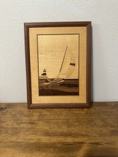 VTG Jeff Nelson Hudson River Inlay Signed Wood Art Marquetry Sailboat Lighthouse