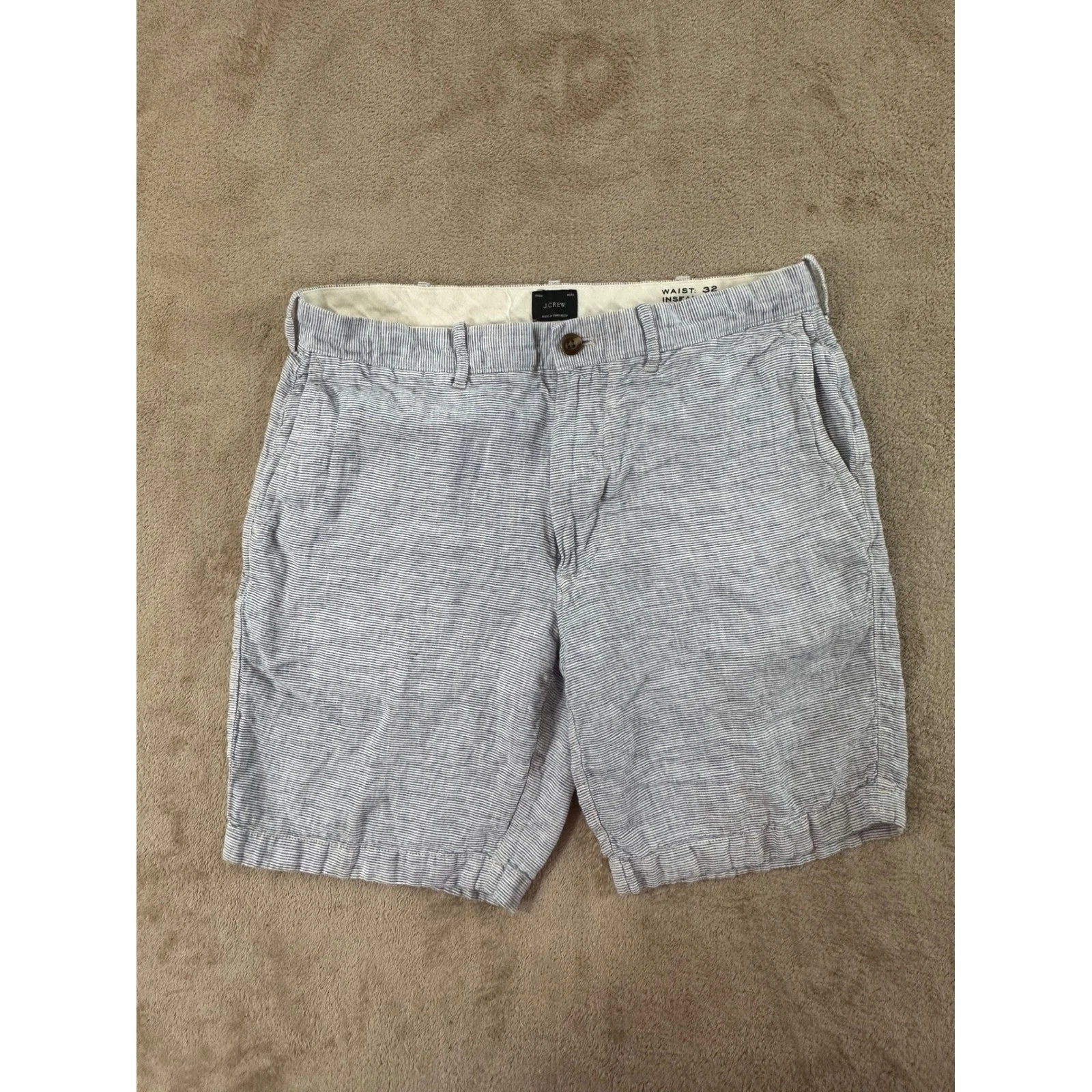 J.Crew Seersucker Linen Shorts 9" Men's Size 32 Blue White Ticking Stripe EUC
