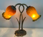 Vintage Lamp Art Nouveau Styl Amber Green Frosted Hand Painted Glass Double Lily