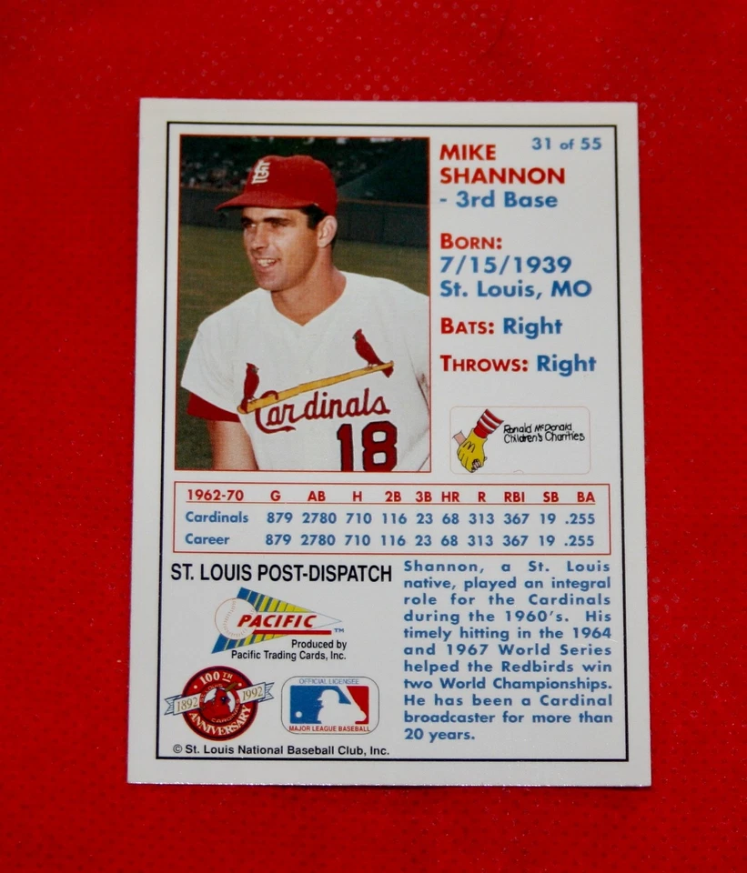 Mike Shannon Signed Cardinals 100th Anniversary 1992 McDonald's Card #31 - Image 2 of 2