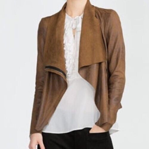 Brandneu mit Etikett Zara Damen braun vegan Wildleder Wasserfalljacke Blazer Reißverschluss Größe XS - Bild 2 von 6