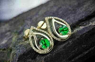 2.00Ct LabCreated Round Green Emerald Pear Shape Earrings 14K Yellow Gold Finish