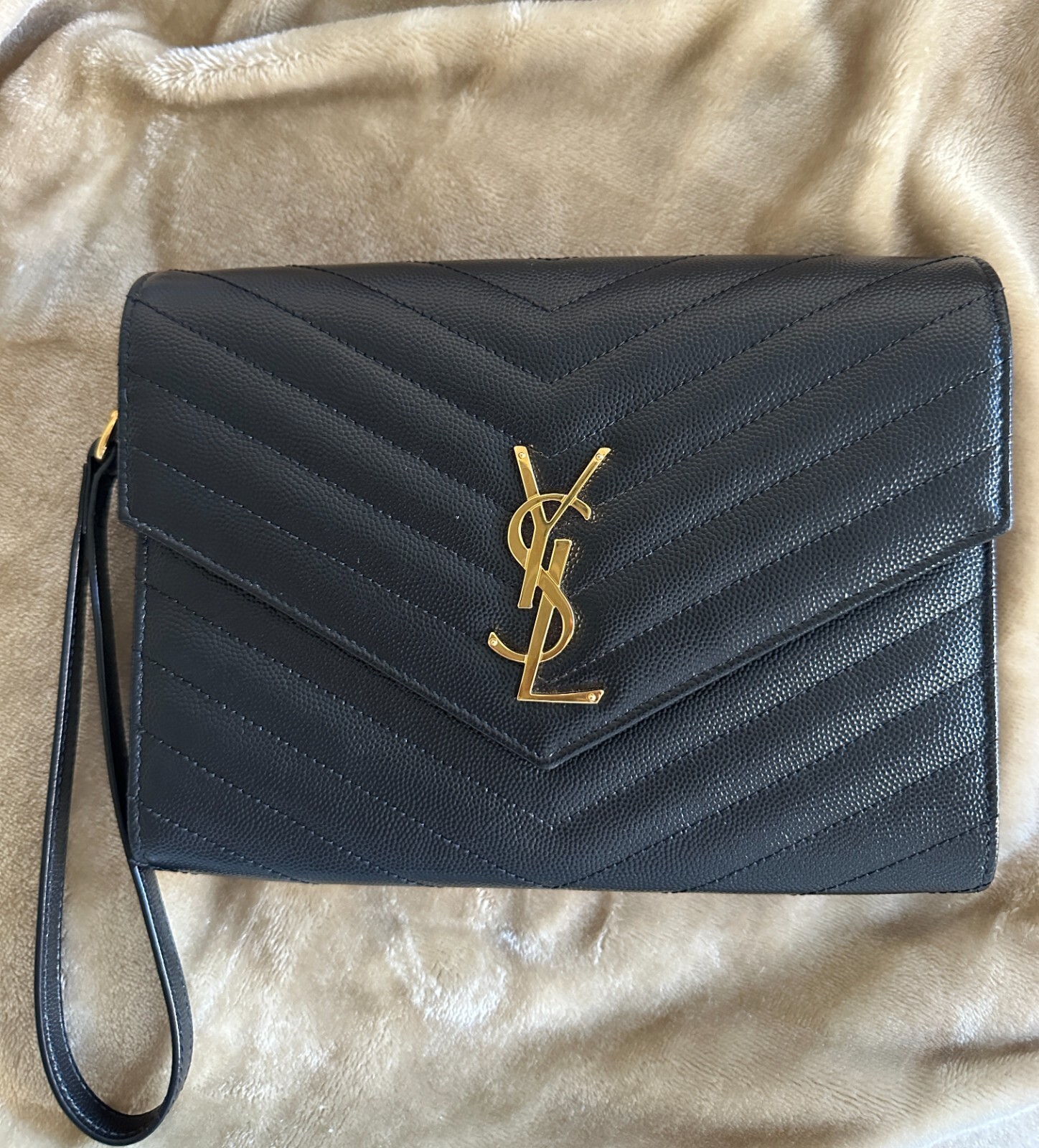 YSL Monogram Flap Clutch Bag in Grained Leather