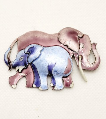 Purple & Blue Mama & Baby Elephant Brooch Pin 925 Sterling Silver 2.5'' by 1.8''