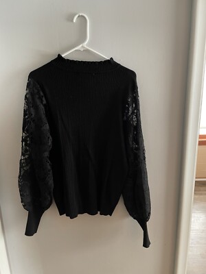 XL Black Sweater Top With Flowery Mesh Sleeves