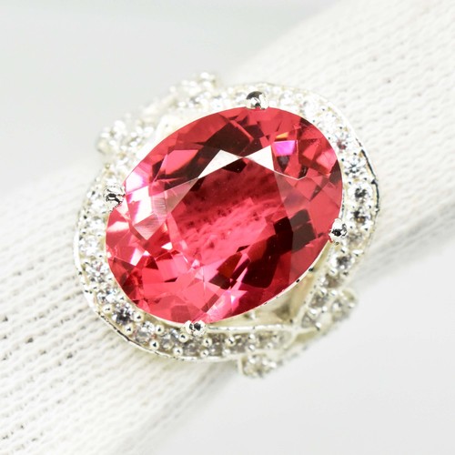 Bague En Argent Solide Avec Topaze Rose 12mm Et Zircons - Pendante, Sans Marque, Neuve Sans Boîte