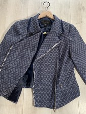 Nwt Metaphor Blue White Tweed Fringe Trim Zip Detail Jacket Sz M