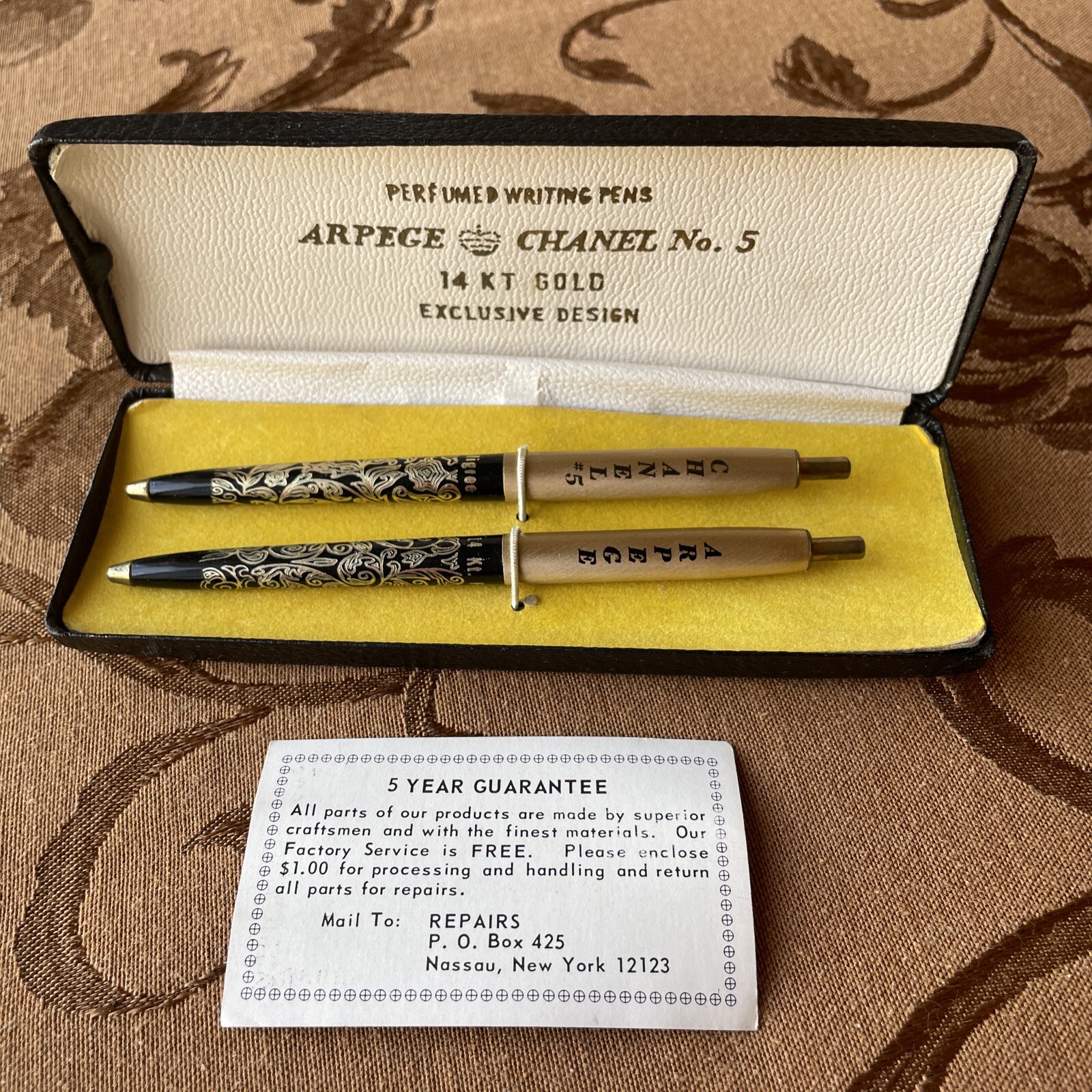Vintage Arpege Chanel No. 5 14k Gold Filigree Perfumed Ball Point Pens