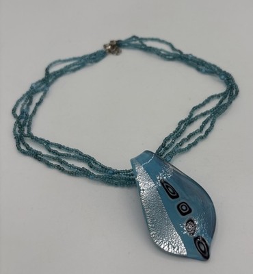 Artisan Crafted Blue Glass Beaded Necklace Artsy Eclectic Quirky 9''Beaded Chain