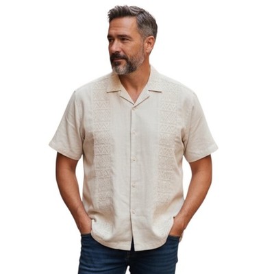 Malibu Wall Clothing Co Mens 2XL Guayabera Shirt Beige Eyelet Lace Camp Col NEW