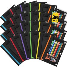 36 Pack Pencil Pouch for 3 Ring Binder Set in 6 Assorted Colors, Clear Window...