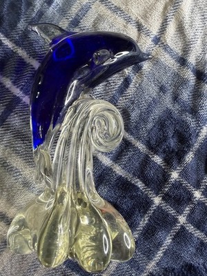 Blue and Clear Glass Dolphin Decorative Sculpture Collectible Glass Figurine