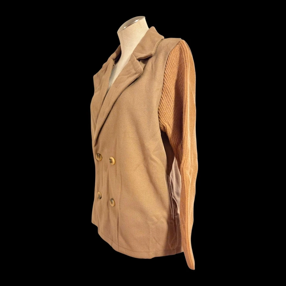 Camel Double Breasted Blazer Mixed Media Knit Sleeves Tan Large - Image 4 of 4