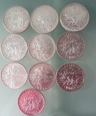 lot série complète 5 frcs semeuse 1960-69 argent - Photo 1/2