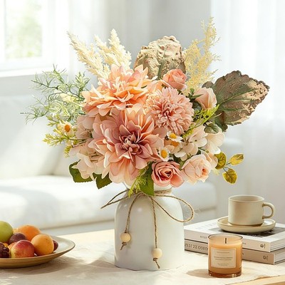 Fake Flowers with Vase Silk Dahlia Artificial Flowers in Vase Faux Hydrangea ...