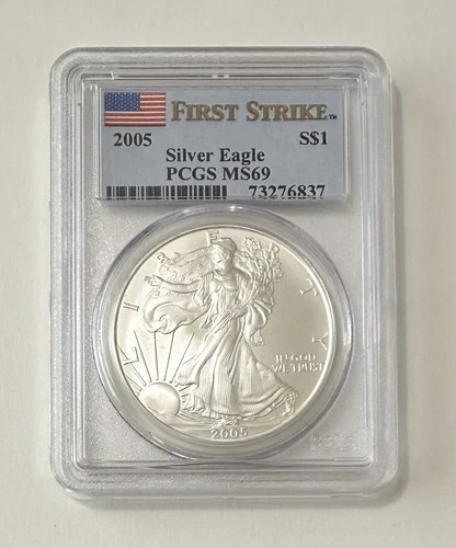 2005 PCGS MS69 American Silver Eagle $1 - First Strike Flag Label (B)