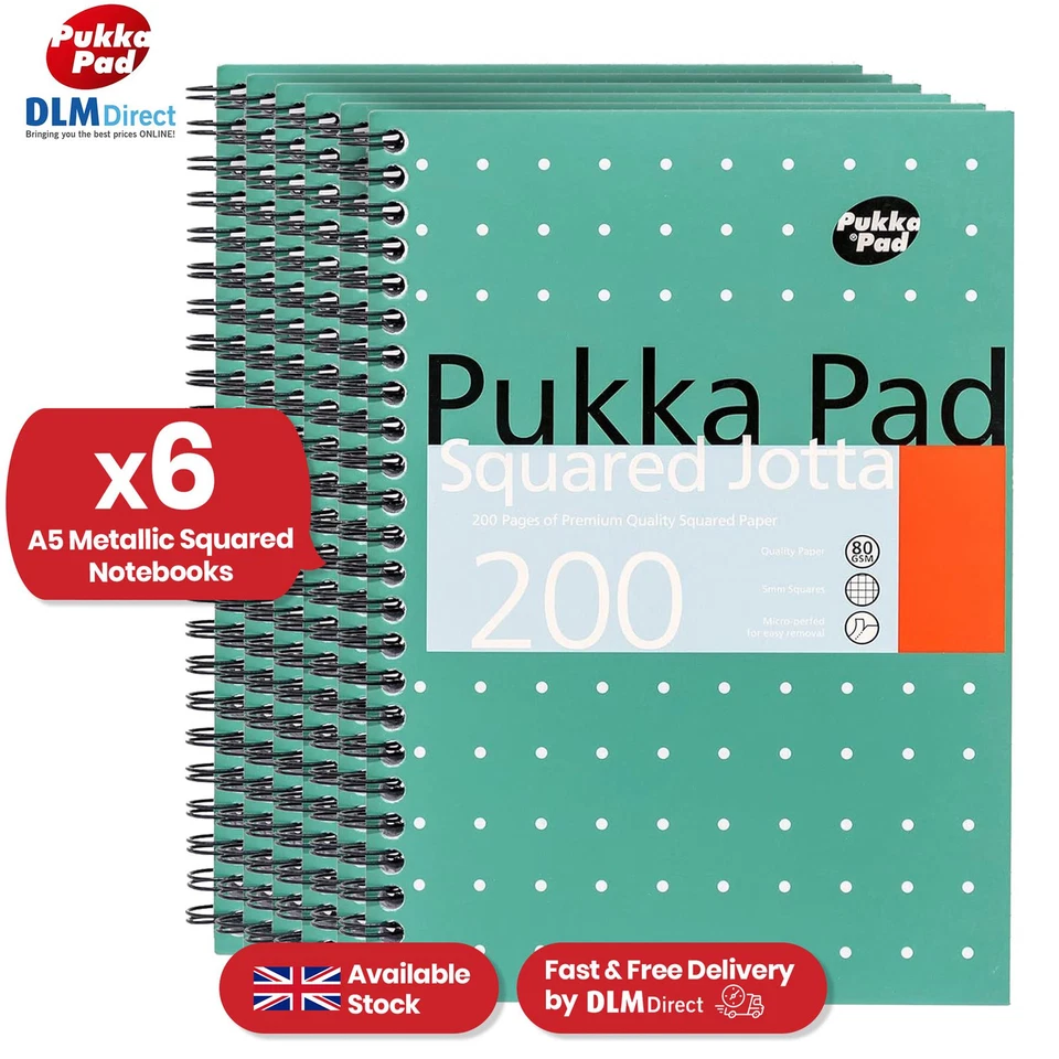 DLM DIRECT 6x Pukka Pad A5 Squared Jotta Book, 5mm Grid, 200 Pages, Wirebound Notebook