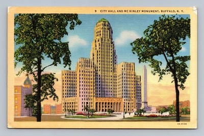 Buffalo NY City Hall & McKinley Monument Linen Postcard Curteich