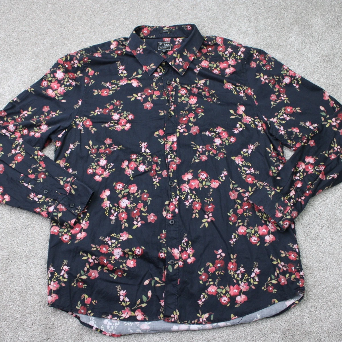 Camisa Guess Hombre 2XL XXL Negra/Roja Floral Lujo Pequeños Ramos Manga Larga Elastizada