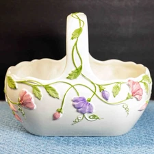 Sanor Ceramica Portugal Fruit Basket Bowl w/ Handle Raised Floral White Ceramic