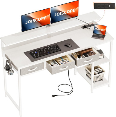 White Home Office Desk with Power Outlets, Drawers & Riser, 55x20 Inch