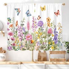 Colorful Floral Burtterfly Kitchen Curtain 27.5W X 39L Inch 2 Panels Wildflower