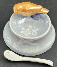 Vintage Lusterware Handpainted Open Salt Cellar Bowl Bird Finial Spoon Japan