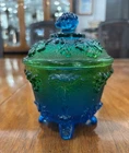 Jeanette Glass Footed Covered Candy Dish Blue Green Grapes & Leaves