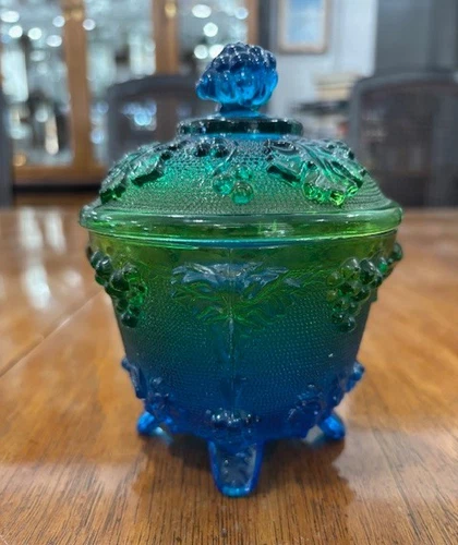 Jeanette Glass Footed Covered Candy Dish Blue Green Grapes & Leaves