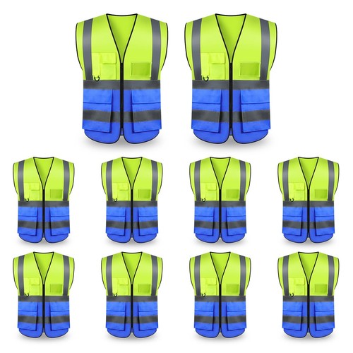 10 Pack Safety Vests Hi Vis Reflective Vest w/ 5 Pockets One Size Make ...