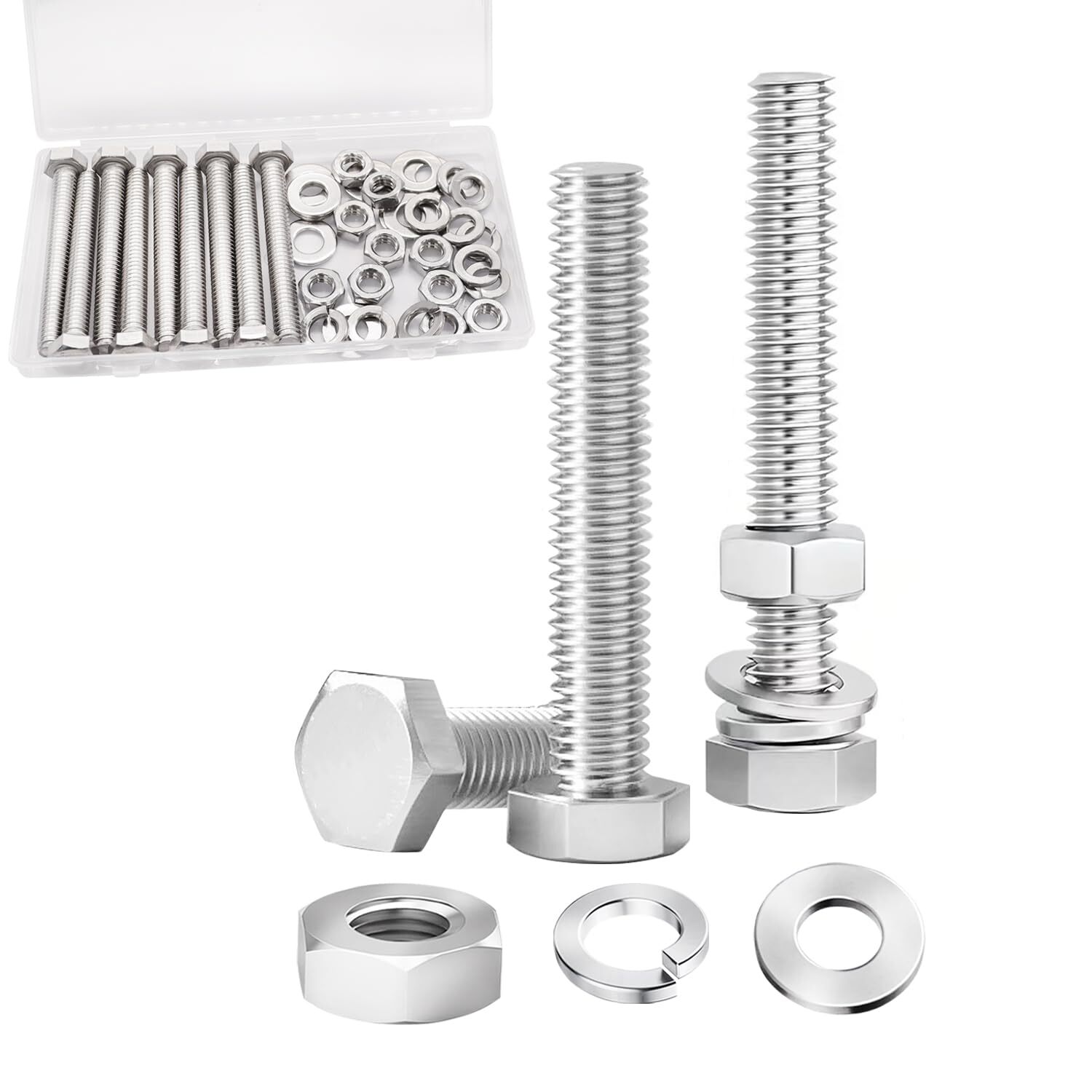 10 Sets 5/16-18x2-1/2 Stainless Steel Hex Head Screws Bolts Flat Nuts & Loc