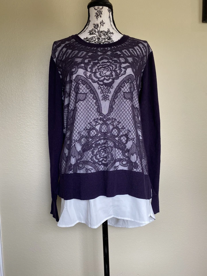 simply vera verawang Women PXL Blouse/sweater Purple /White Long Sleeves W- Lace