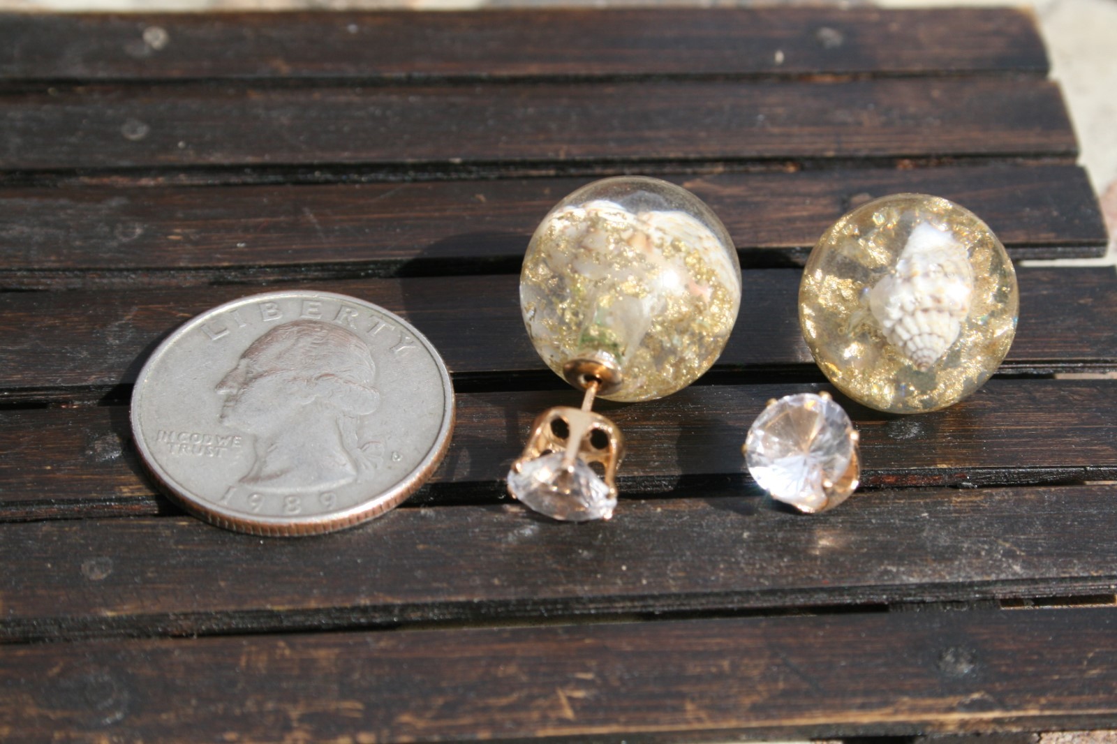 Stud earrings, clear glass front, big resin ball back-image
