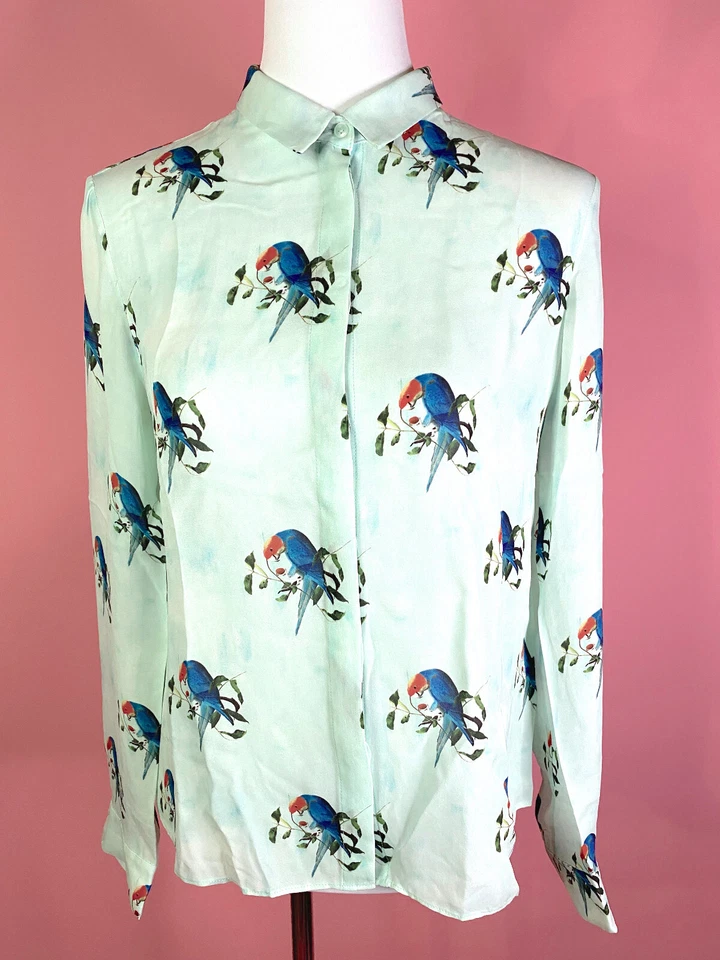 Alice + Olivia - Light blue silk shirt print parrot Size M NEW Chic Elegant - Bild 3 von 4