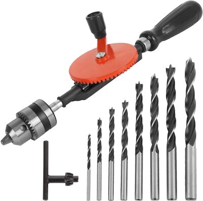 3/8 Inch Hand Drill Manual Hand Crank Drill with 8Pcs Drill Bit Set, Safe Double