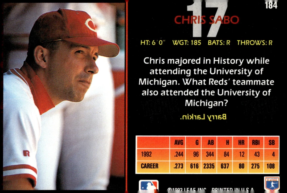 1993 Triple Play #184 Chris Sabo - Image 2 of 2
