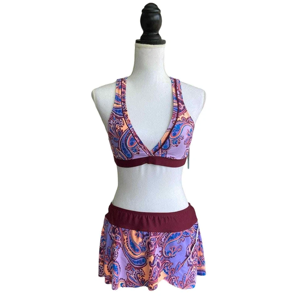 New Antonio Melani Bikini Womens S M Paisley 3 Piece Swimsuit Set Skirt Purple - Image 2 of 4