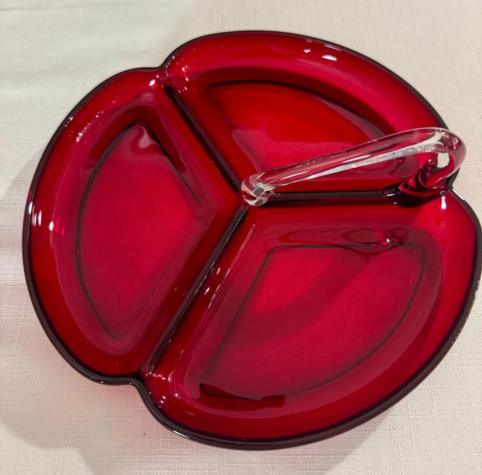 Vintage Glass Ruby Red 3 Part Divided Serving Tray Dish   - Image 2 of 4