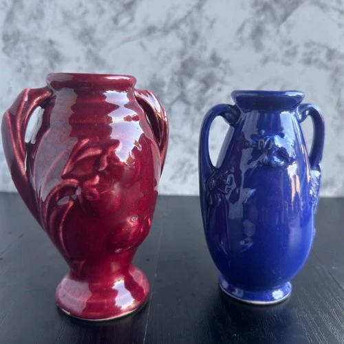 Shawnee Pottery Vases Set of 2 – Vintage Red & Blue Glazed Handles