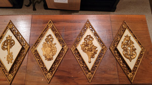 Set of 4 Vintage MCM Syroco Floral Wall Plaques Gold Diamond Shaped
