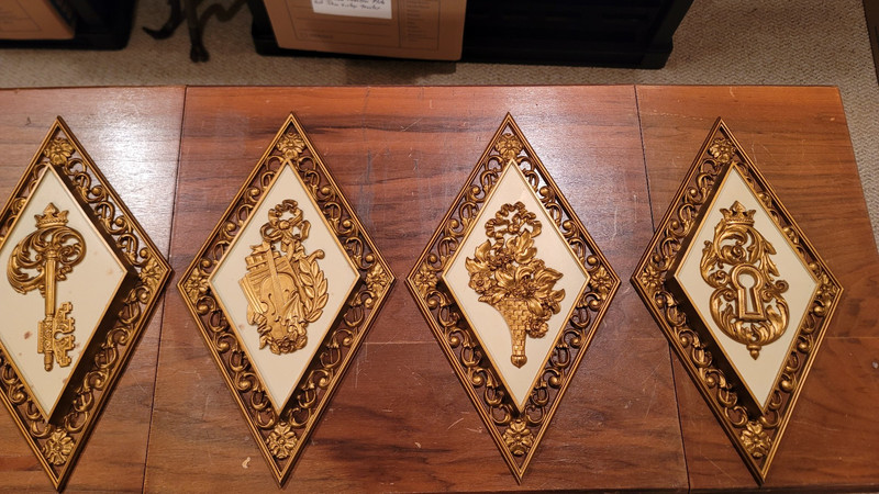 Set of 4 Vintage MCM Syroco Floral Wall Plaques Gold Diamond Shaped
