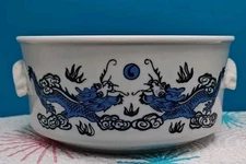 Blue And White Porcelain Dragon Rice Soup Bowl With Handles 5" Wide 2 1/2" Tall