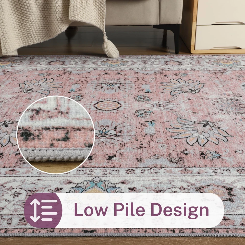 Tapete de área lavável 5x7, tapetes boho grandes para sala de estar, tapetes rosa para quarto... - Imagem 4 de 4