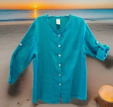 MATCHPOINT-USA Turquoise Linen Top Back Flounce Roll Sleeves Beachy Boho VTG Wow