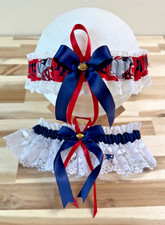 Wedding Garter England Patriots NFL White Lace Navy Blue Satin Ribbon Set.