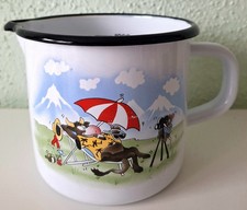 EMAILLE Topf Milchtopf WEISS  Motiv Kuh im Urlaub 1 Liter Gebraucht