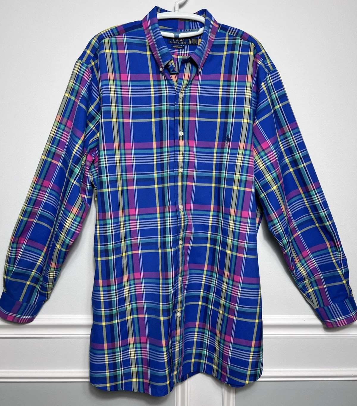 POLO RALPH LAUREN-XLT-Performance Shirt-Plaid-Blue Pony-Button Down-Preppy-Tall