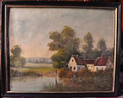 peinture ancienne "paysage" toile signée - Photo 1/4